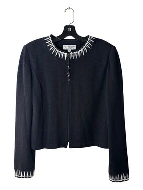 St. John Evening Black Knit Zip Jacket with White Embroidered Trim Size 12